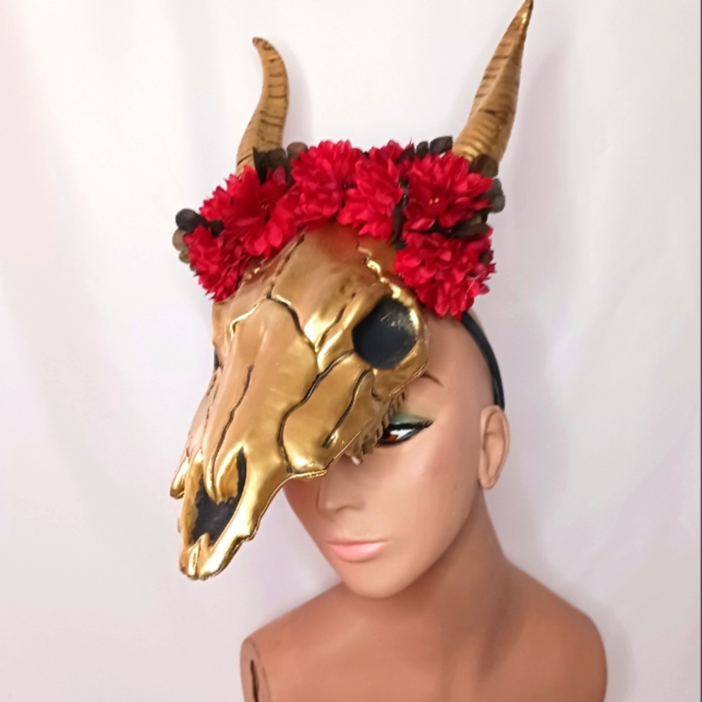 Handmade Gold Ram Skull with Horns Headdress with Red & Black Flowers.